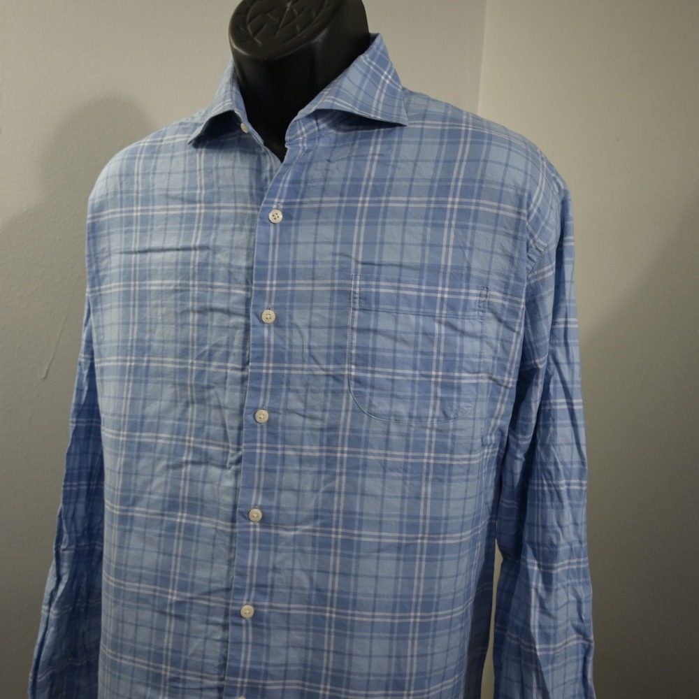 Peter Millar Button Up Dress Shirt Mens XL Blue Plaid Long Sleeve Cotton Pocket